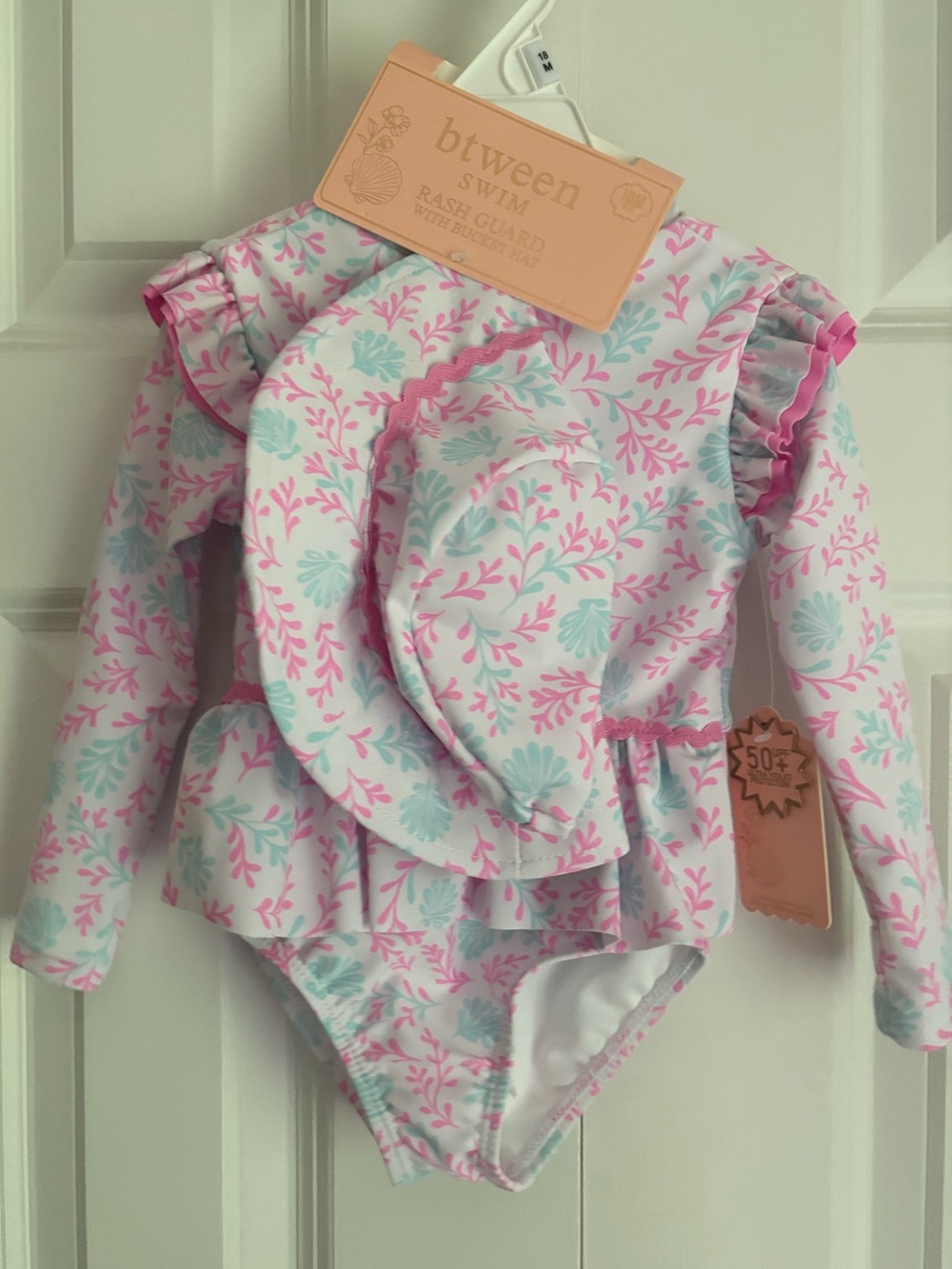 Toddler Girl’s Pink & Light Blue Floral Long-Sleeve Rashguard Swimsuit
